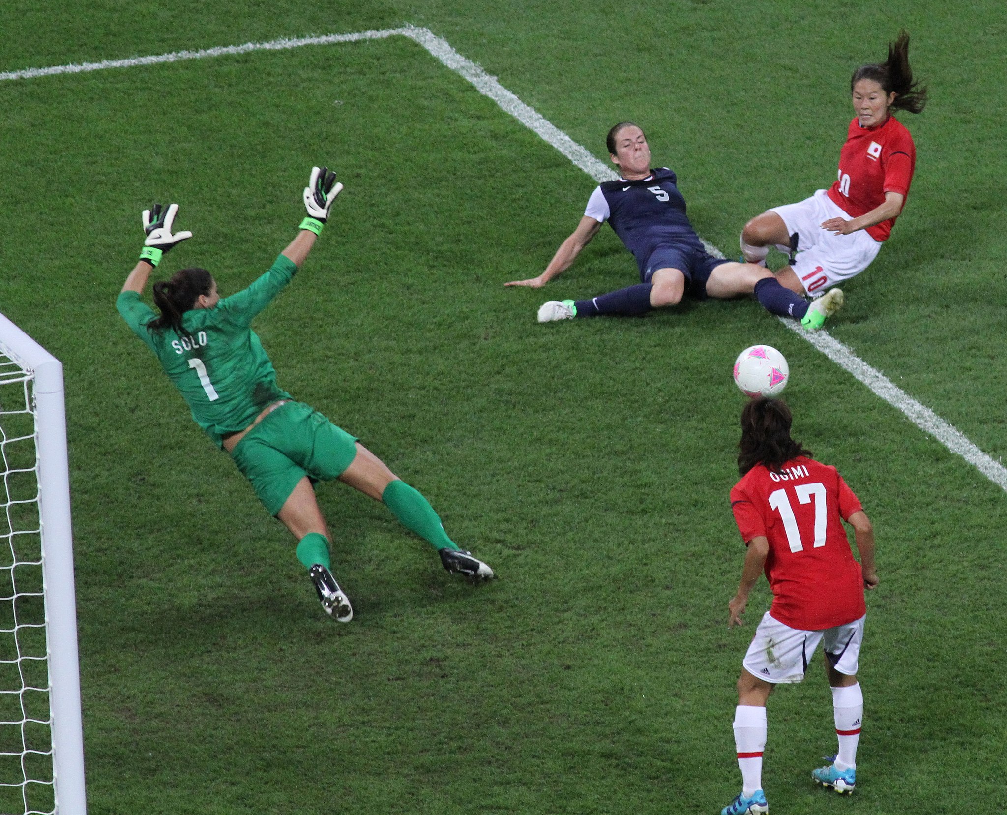 Yuki Ogimi scores a goal for Japan against the United States in the 2012 Olympic gold medal match for women's soccer.